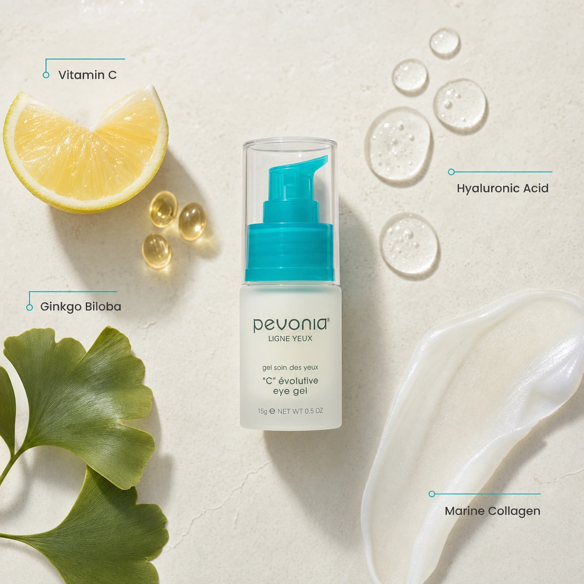 Pevonia C Evolutive Eye Gel 15ml ingredient flatlay with Vitamin C, Hyaluronic Acid, Ginkgo Biloba and Marine Collagen