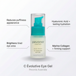 Pevonia C Evolutive Eye Gel with highlighted benefits including reducing puffiness, brightening tired eyes, hydrating with hyaluronic acid and firming support with marine collagen