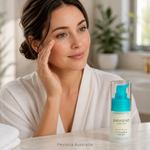 Woman applying Pevonia C Evolutive Eye Gel in a bright home bathroom setting with product displayed on countertop and subtle Pevonia Australia watermark at the bottom