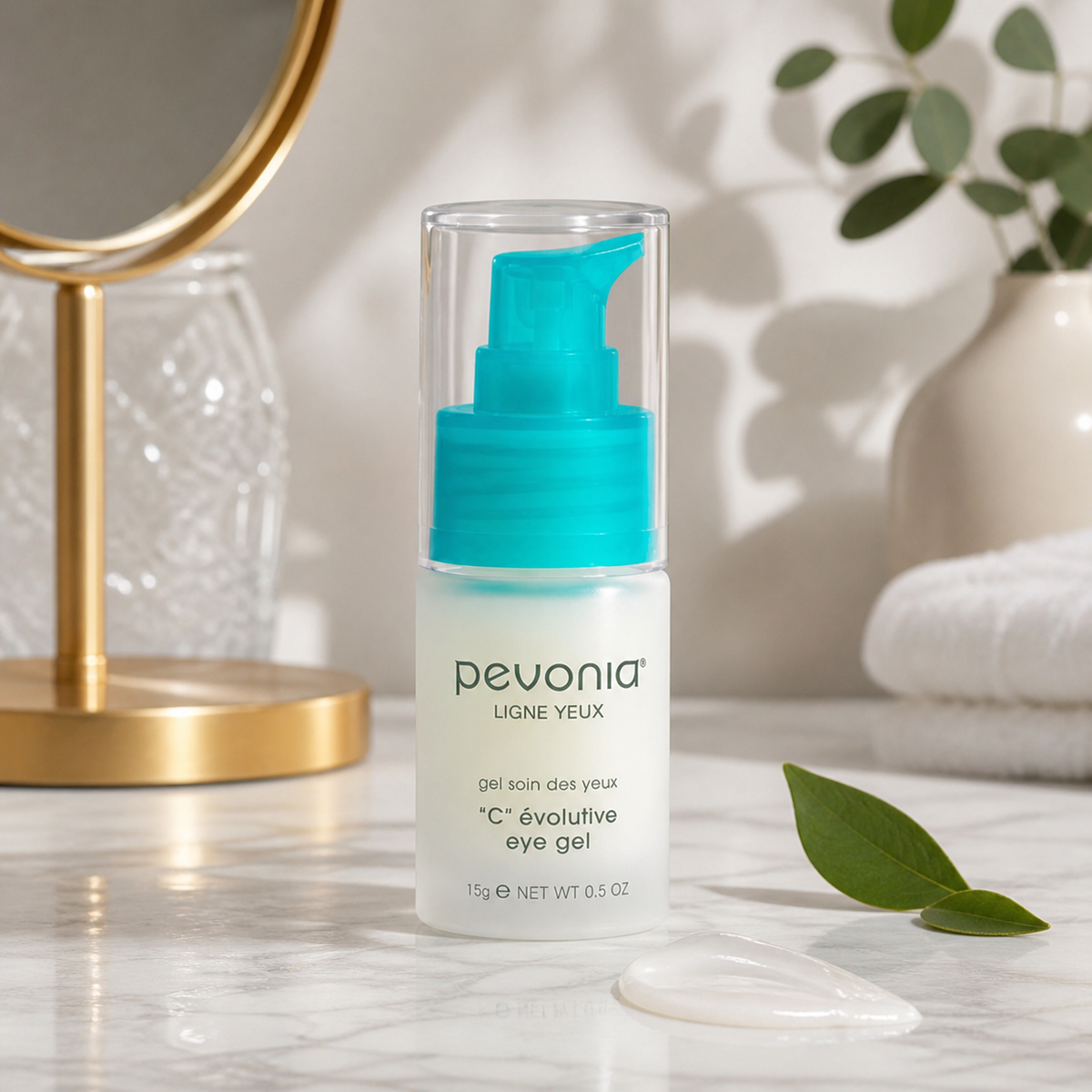 Pevonia C Evolutive Eye Gel displayed on a marble bathroom vanity with a cooling gel texture, fresh greenery and soft natural light.