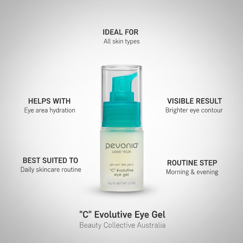 Pevonia C Evolutive Eye Gel with key information showing ideal skin type, hydration benefits, brighter eye contour results and suitability for daily morning and evening skincare routine