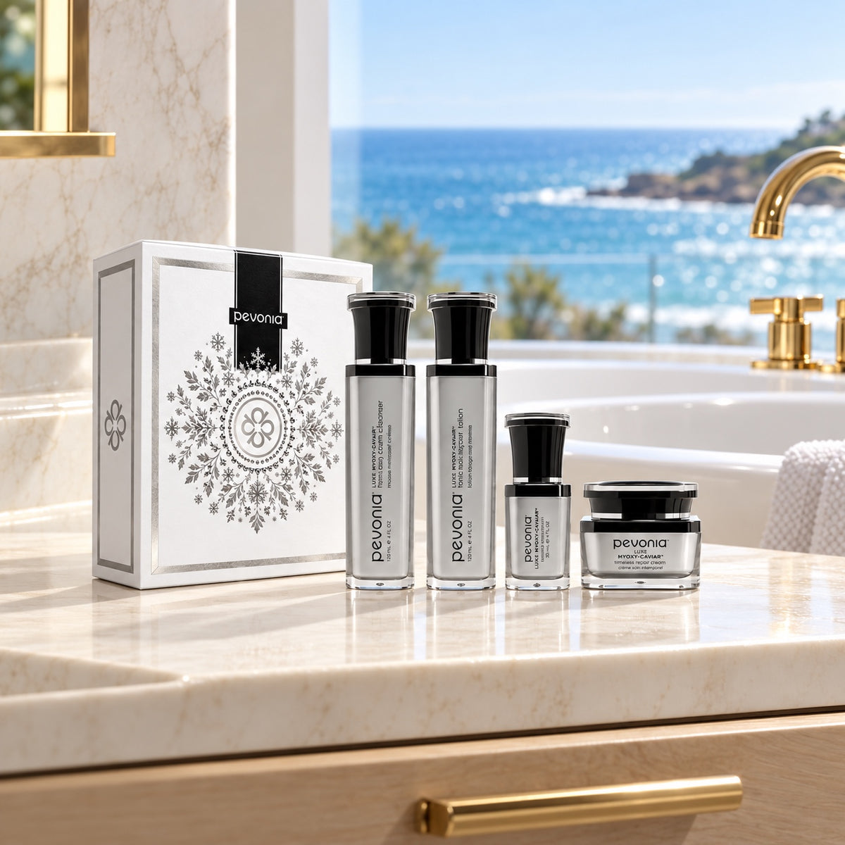 PEVONIA CAVIAR LUXURY DE-AGEING GIFT BOX in an Australian summer Christmas setting. File: pevonia-caviar-luxury-de-ageing-gift-box-australian-summer-2026.jpg