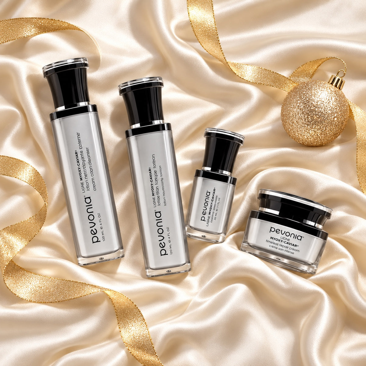 PEVONIA CAVIAR LUXURY DE-AGEING GIFT BOX arranged in a festive flatlay. File: pevonia-caviar-luxury-de-ageing-gift-box-christmas-flatlay-2026.jpg