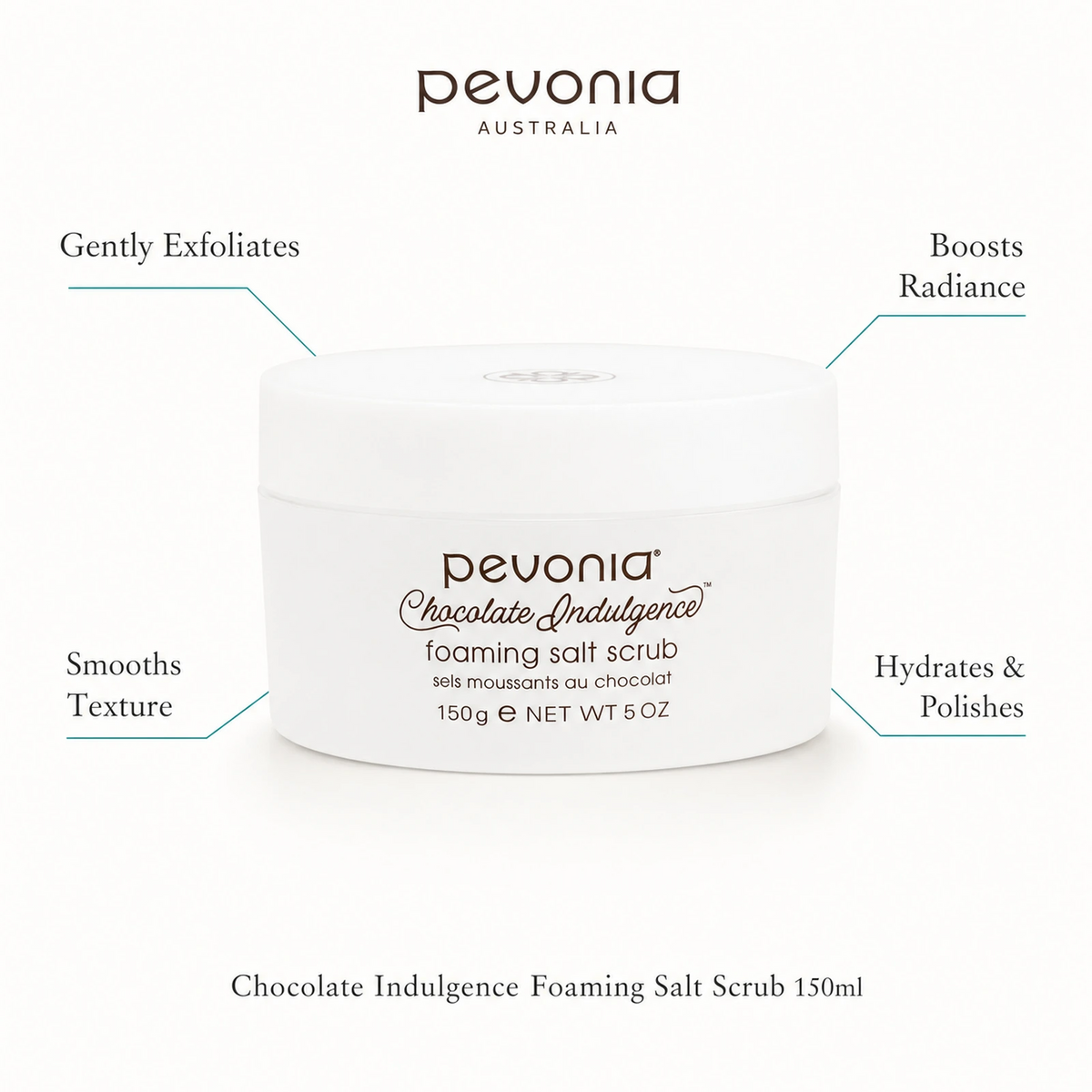 Pevonia Chocolate Indulgence Foaming Salt Scrub 150ml with benefits for gentle exfoliation, smoother texture, radiance and hydrated polished skin