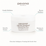 Pevonia Chocolate Indulgence Foaming Salt Scrub 150ml with benefits for gentle exfoliation, smoother texture, radiance and hydrated polished skin