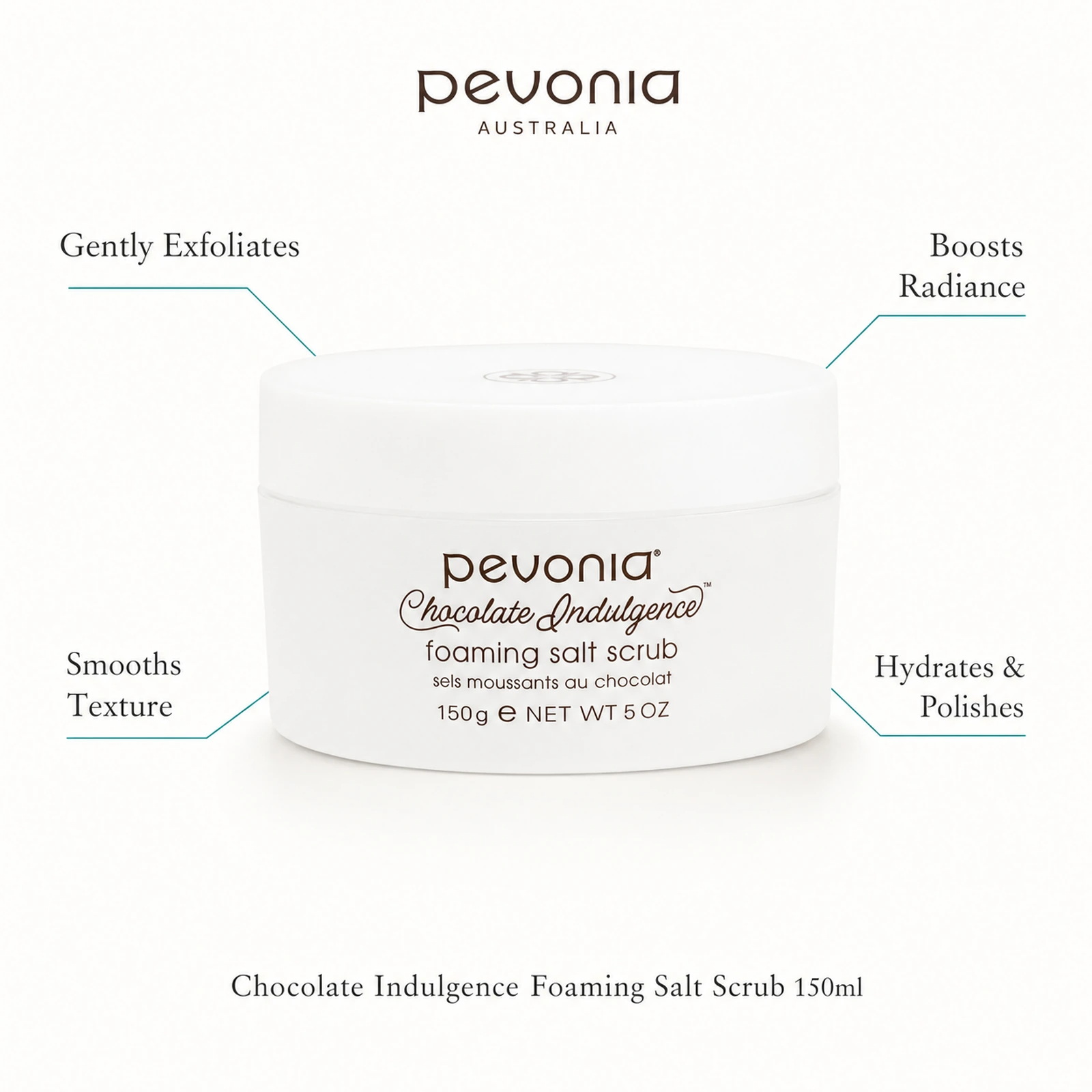 Pevonia Chocolate Indulgence Foaming Salt Scrub 150ml with benefits for gentle exfoliation, smoother texture, radiance and hydrated polished skin