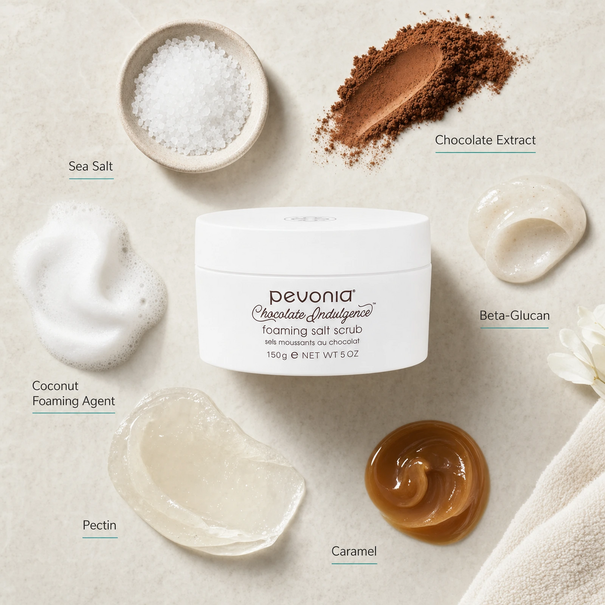 Pevonia Chocolate Indulgence Foaming Salt Scrub 150ml ingredient flatlay with Sea Salt, Chocolate Extract, Beta-Glucan, Coconut Foaming Agent, Pectin and Caramel