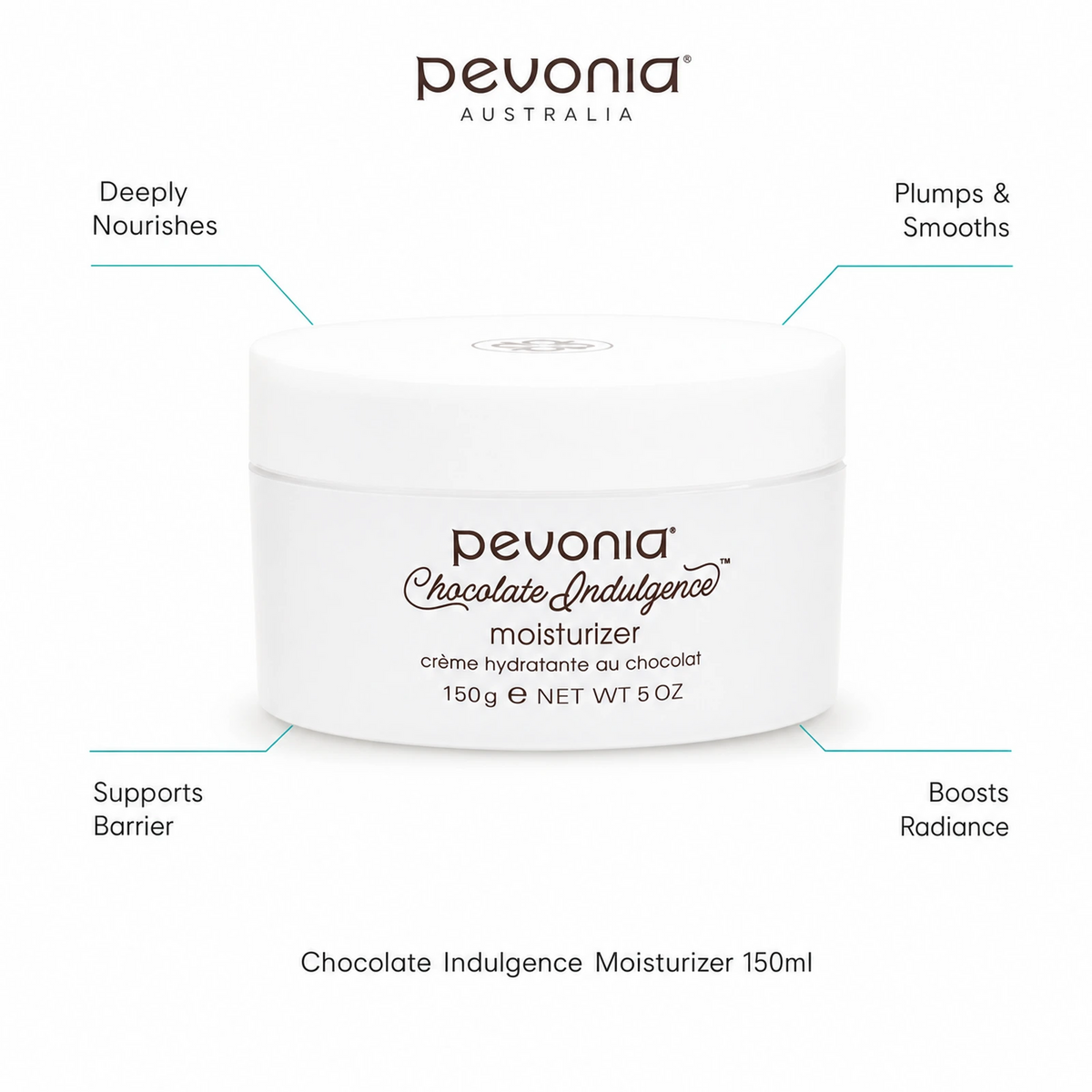 Pevonia Chocolate Indulgence Moisturizer 150ml with benefits for deep nourishment, plumping, barrier support and radiant skin