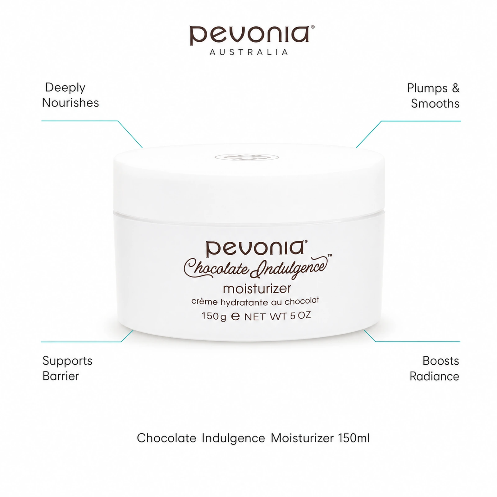 Pevonia Chocolate Indulgence Moisturizer 150ml with benefits for deep nourishment, plumping, barrier support and radiant skin