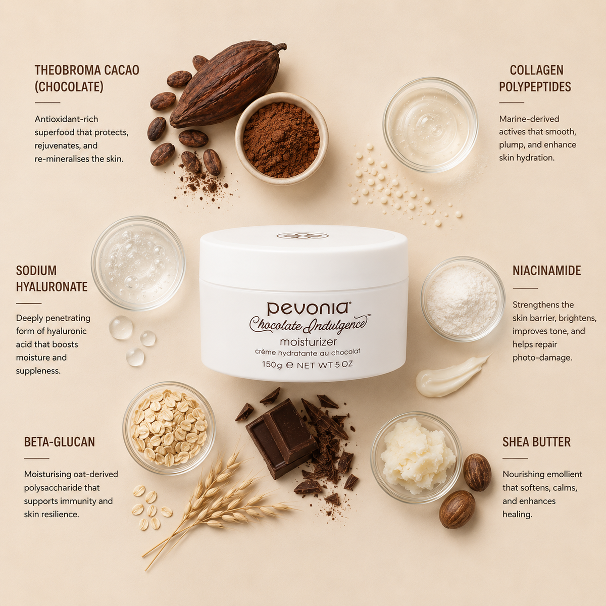 Pevonia Chocolate Indulgence Moisturizer ingredient flatlay featuring cacao extract, collagen polypeptides, sodium hyaluronate, niacinamide, beta-glucan and shea butter arranged around the moisturizer jar on a soft neutral background