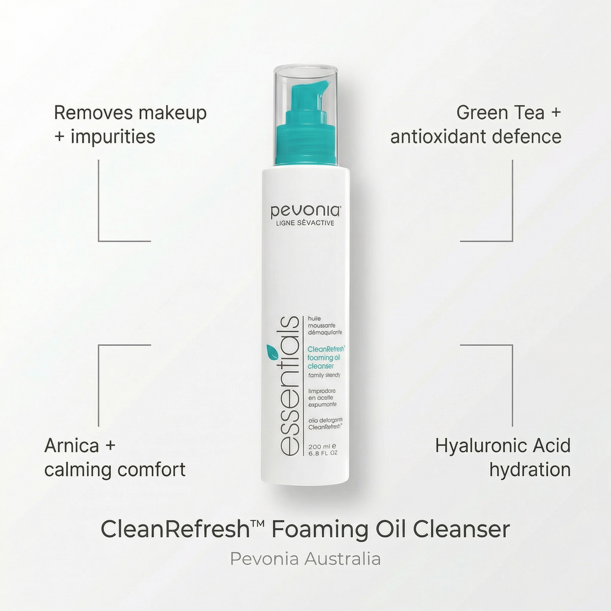 Pevonia CleanRefresh Foaming Oil Cleanser bottle with text highlighting features on a white background