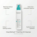 Pevonia CleanRefresh Foaming Oil Cleanser bottle with text highlighting features on a white background