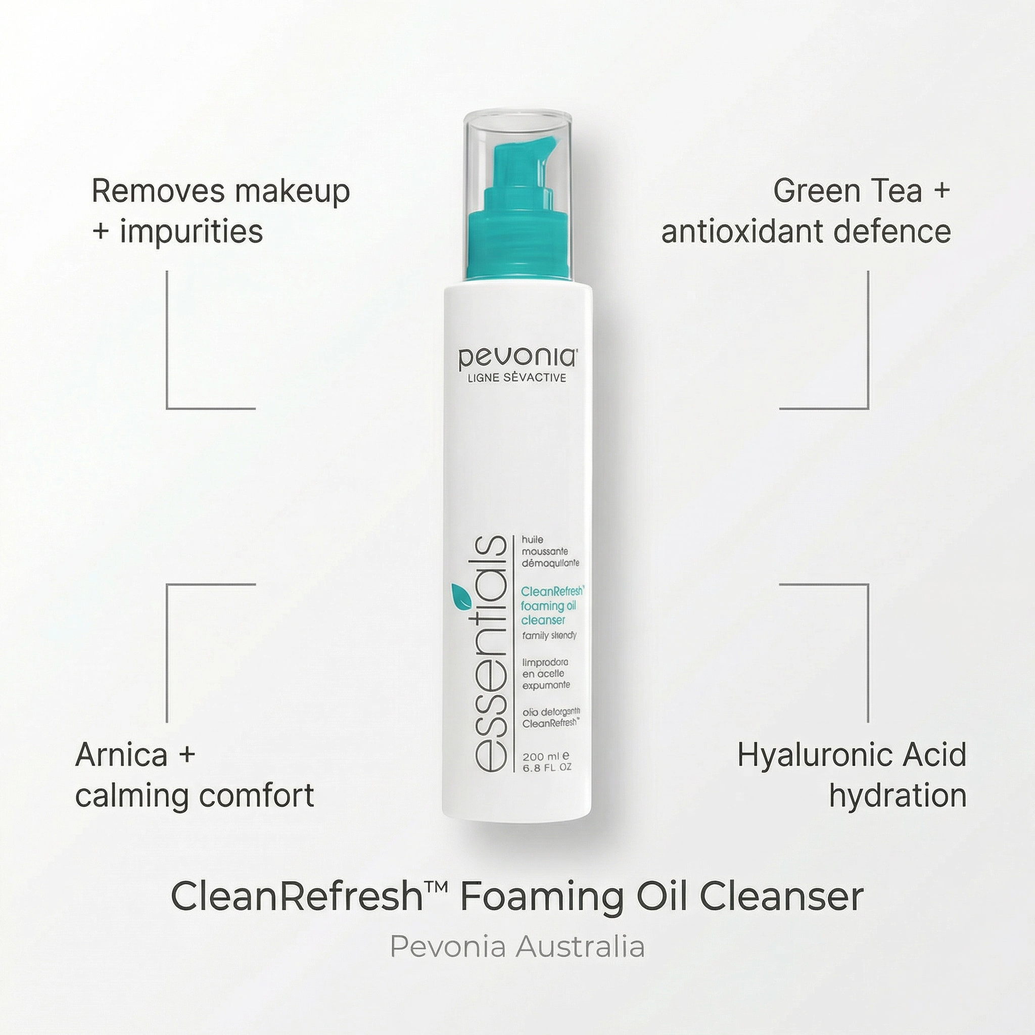 Pevonia CleanRefresh Foaming Oil Cleanser bottle with text highlighting features on a white background