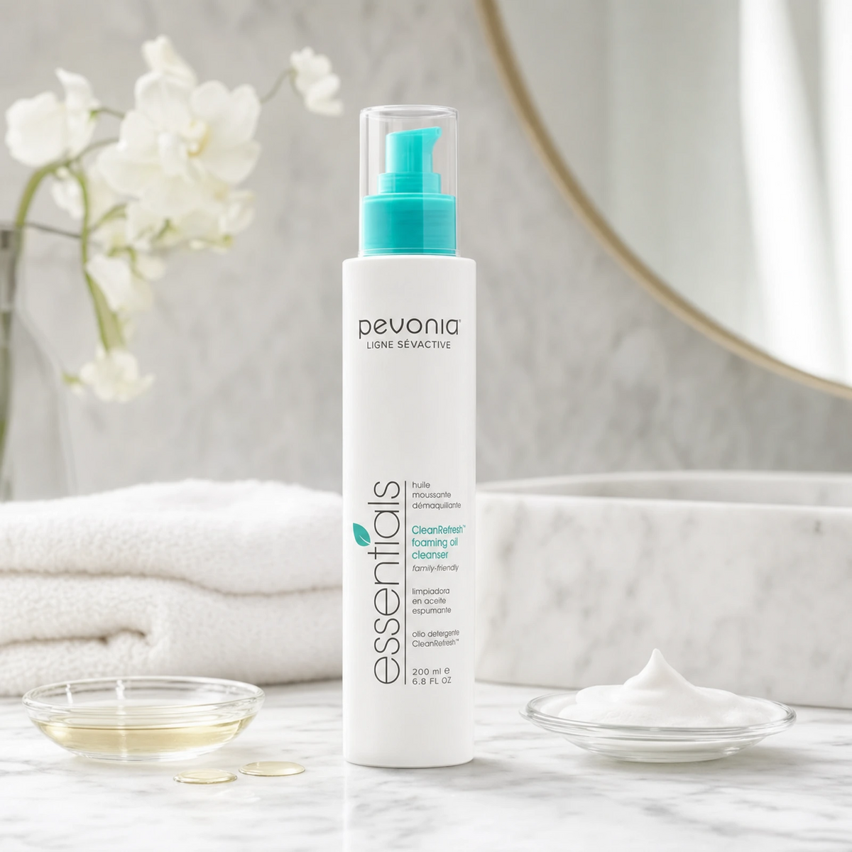 Pevonia CleanRefresh Foaming Oil Cleanser 200ml on a luxury bathroom vanity for dry, dehydrated and sensitive skin