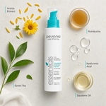 Pevonia CleanRefresh Foaming Oil Cleanser 200ml ingredient flatlay with Arnica Extract, Green Tea, Kombucha, Hyaluronic Acid and Squalane Oil