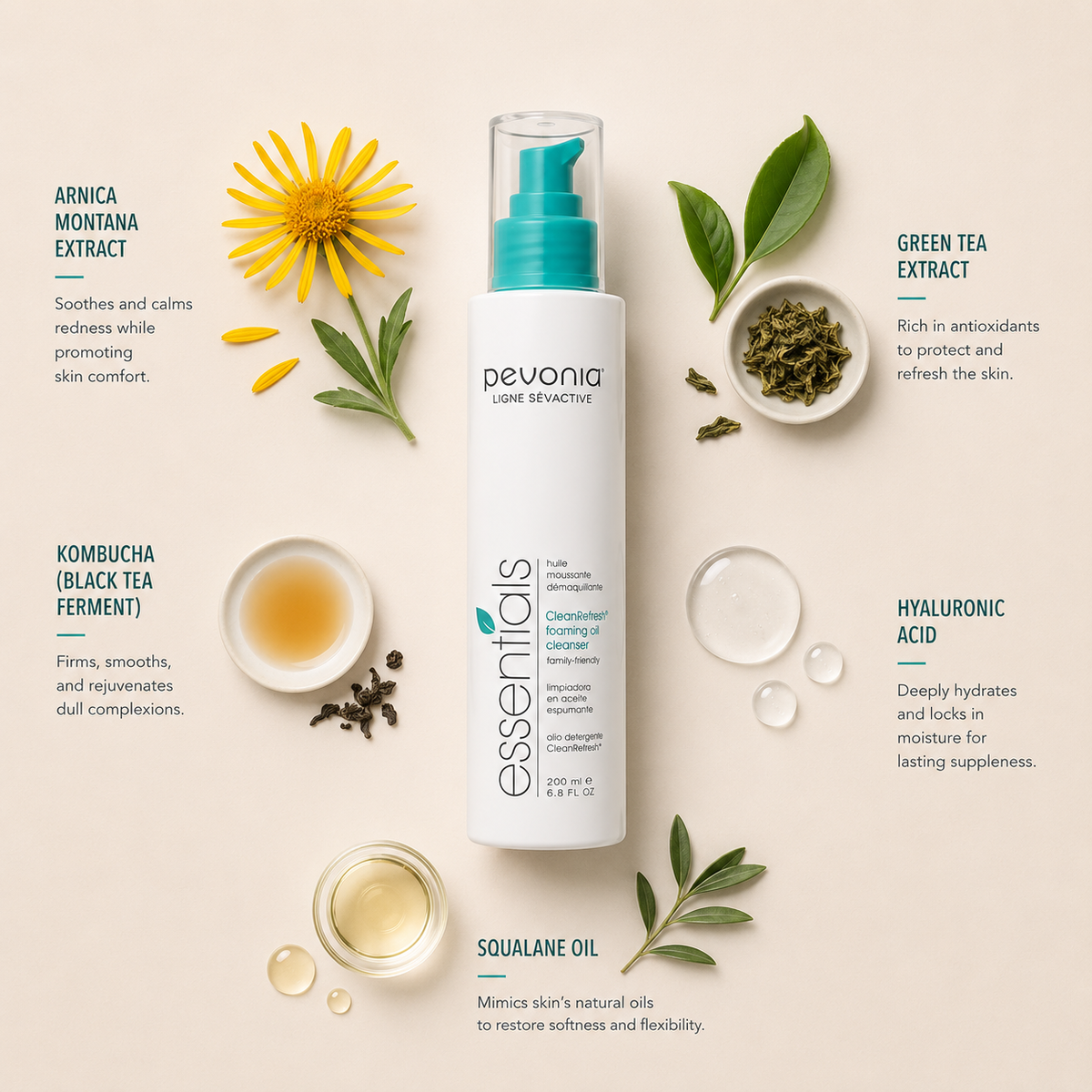 Minimal Pevonia CleanRefresh Foaming Oil Cleanser ingredient flatlay featuring arnica montana extract, green tea extract, kombucha black tea ferment, hyaluronic acid and squalane oil arranged with clean spacing around the cleanser bottle on a soft neutral background