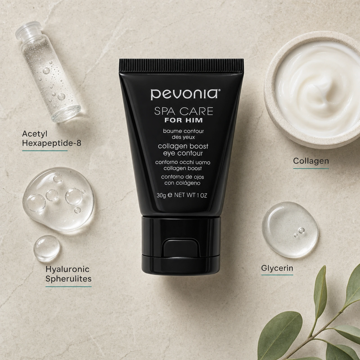 Pevonia Collagen Boost Eye Contour 30ml ingredient flatlay with Acetyl Hexapeptide-8, Hyaluronic Spherulites, Collagen and Glycerin