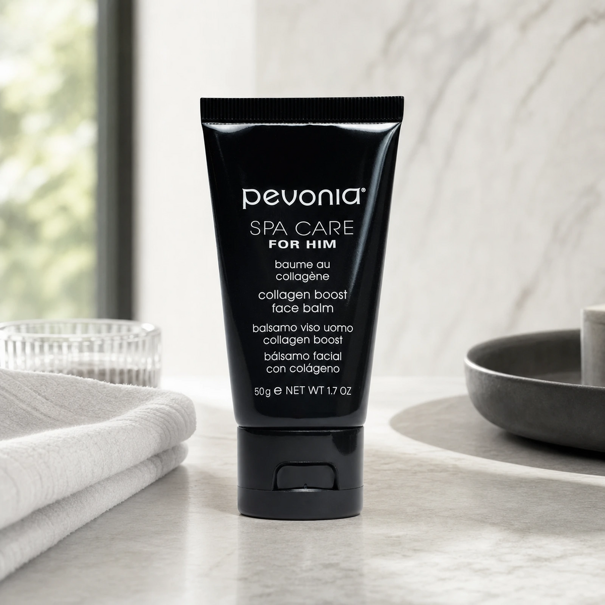 Pevonia Collagen Boost Face Balm 50ml on a luxury bathroom vanity for men's firming, hydration and anti-ageing skincare