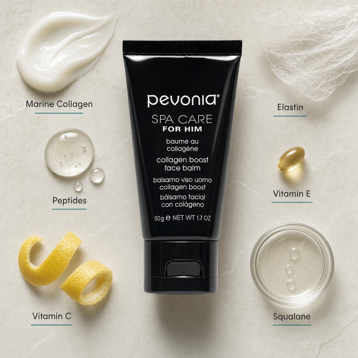 Pevonia Collagen Boost Face Balm 50ml ingredient flatlay with Marine Collagen, Elastin, Peptides, Vitamin C, Vitamin E and Squalane