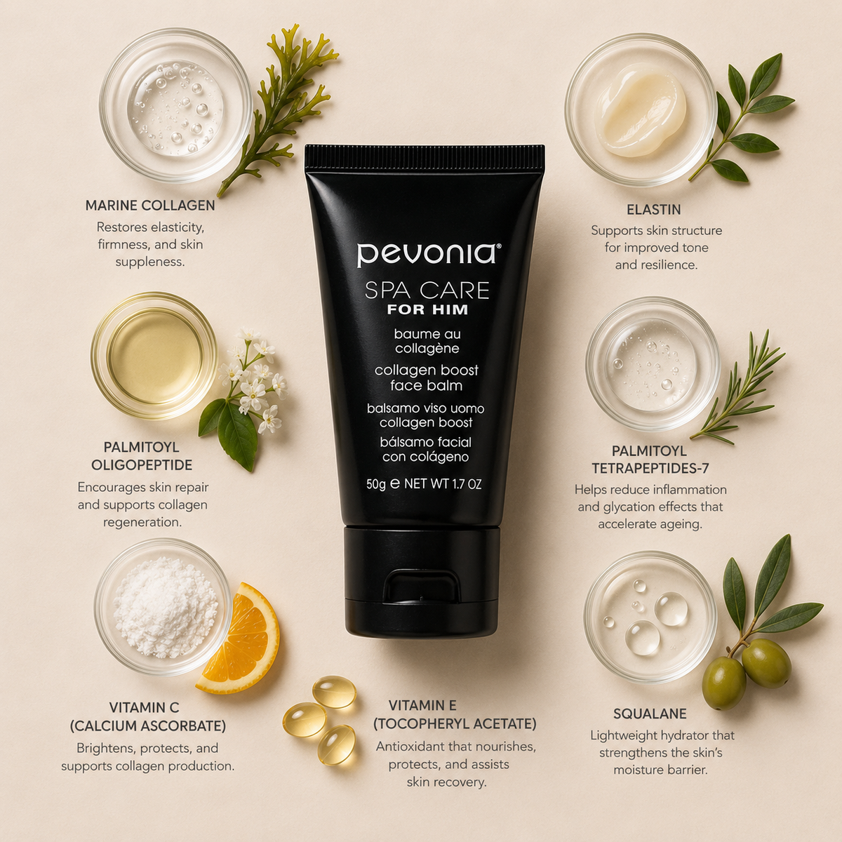 Pevonia Collagen Boost Face Balm ingredient flatlay featuring marine collagen, elastin, palmitoyl oligopeptide, palmitoyl tetrapeptides-7, vitamin C, vitamin E and squalane arranged around product on a soft neutral background