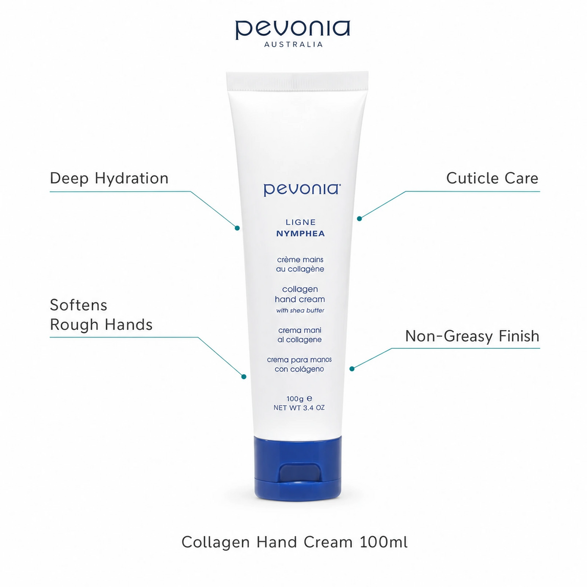 Pevonia Collagen Hand Cream 100ml with benefits for deep hydration, soft hands, cuticle care and non-greasy comfort