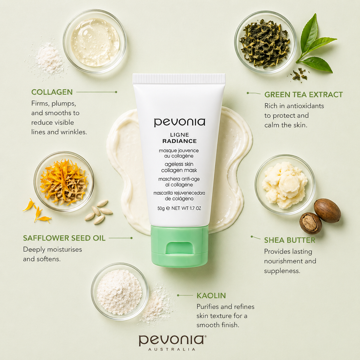 Pevonia Collagen Mask ingredient flatlay showing collagen, green tea extract, safflower seed oil, shea butter, and kaolin around mask tube on neutral background