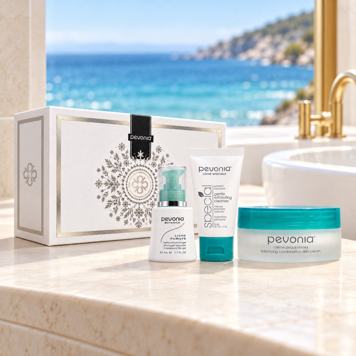 PEVONIA Combination Skin Gift Box in an Australian summer Christmas setting. File: pevonia-combination-skin-gift-box-australian-summer-2026.jpg