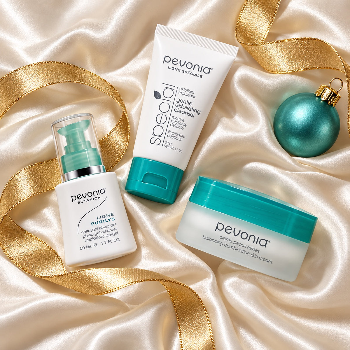 PEVONIA Combination Skin Gift Box arranged in a festive flatlay. File: pevonia-combination-skin-gift-box-christmas-flatlay-2026.jpg