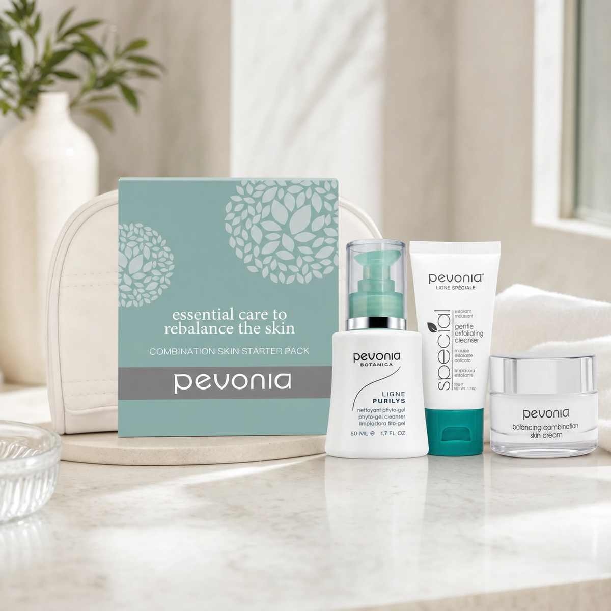 Pevonia Combination Skin Starter Kit on a luxury bathroom vanity for oily T-zone, dry areas and combination skin