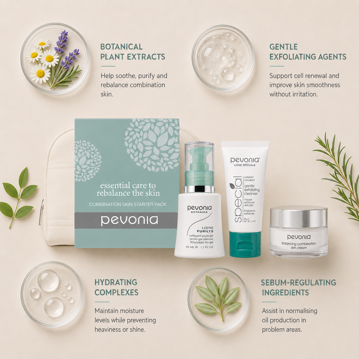 Pevonia Combination Skin Starter Kit includes Phyto Gel Cleanser 50ml, GEntle Exfoliating Cleanser 50G and Balancing Combination Cream 10ml, ingredient flatlay featuring botanical plant extracts, gentle exfoliating agents, hydrating complexes and sebum-regulating ingredients arranged around starter pack products on a soft neutral background