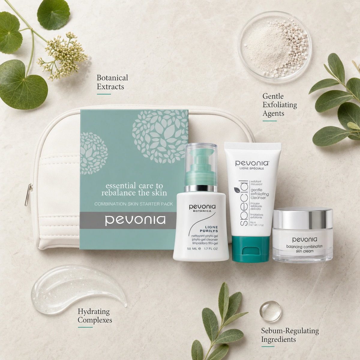 Pevonia Combination Skin Starter Kit ingredient flatlay with botanical extracts, gentle exfoliating agents, hydrating complexes and sebum-regulating ingredients