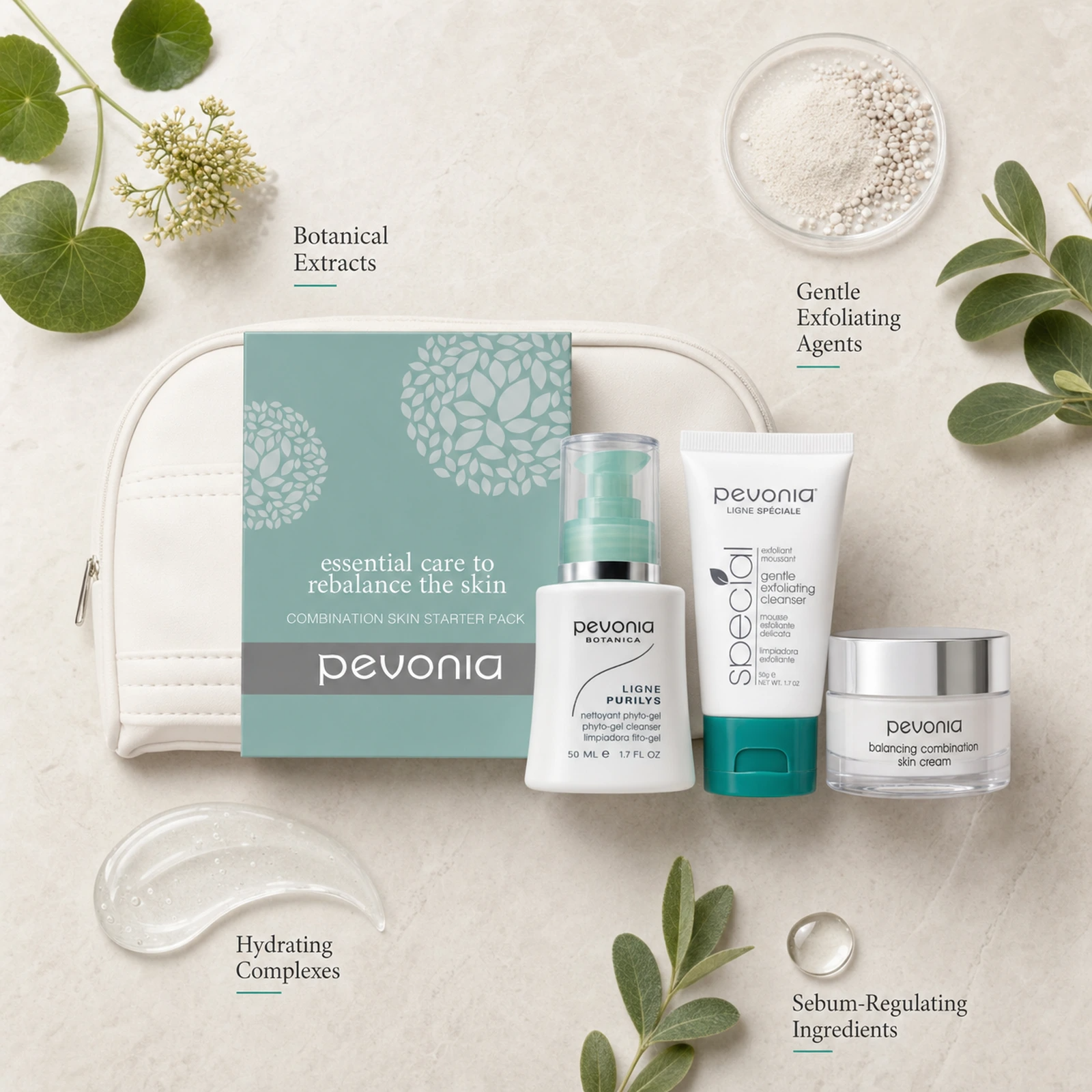 Pevonia Combination Skin Starter Kit ingredient flatlay with botanical extracts, gentle exfoliating agents, hydrating complexes and sebum-regulating ingredients