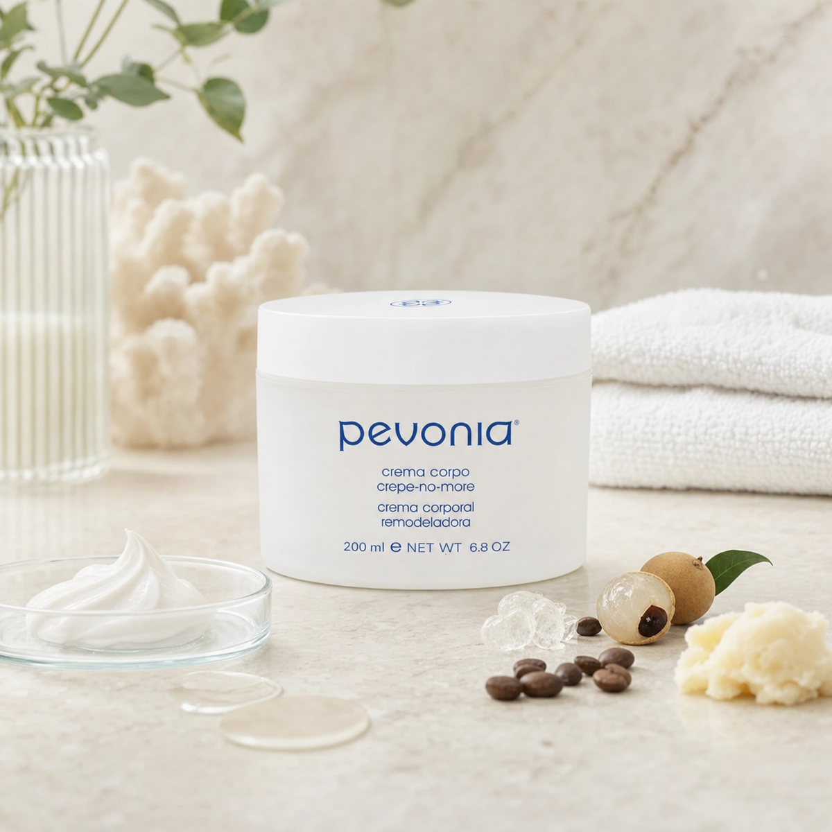 Pevonia Crepe No More Body Cream 200ml on a luxury bathroom vanity for crepey, dry and ageing body skin