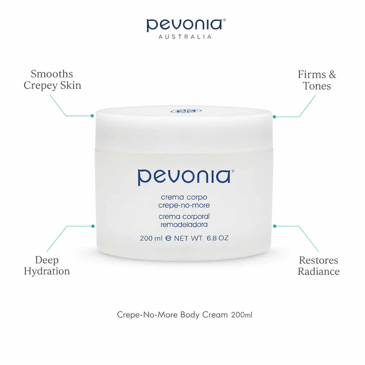 Pevonia Crepe No More Body Cream 200ml with benefits for smoothing crepey skin, firming, hydration and radiance