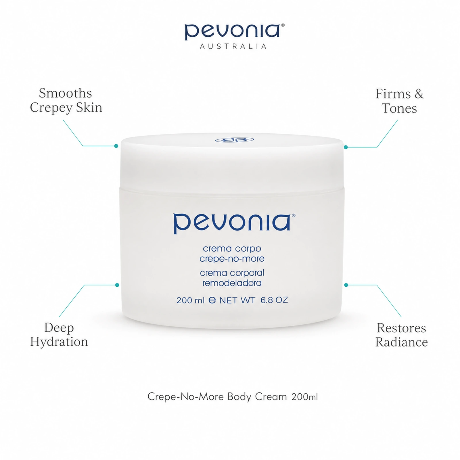 Pevonia Crepe No More Body Cream 200ml with benefits for smoothing crepey skin, firming, hydration and radiance