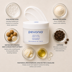 Pevonia Crepe No More Body Cream 200ml ingredient flatlay featuring hyaluronic acid, marine collagen, longan fruit extract, caffeine, and nourishing oils arranged around product on a soft neutral background