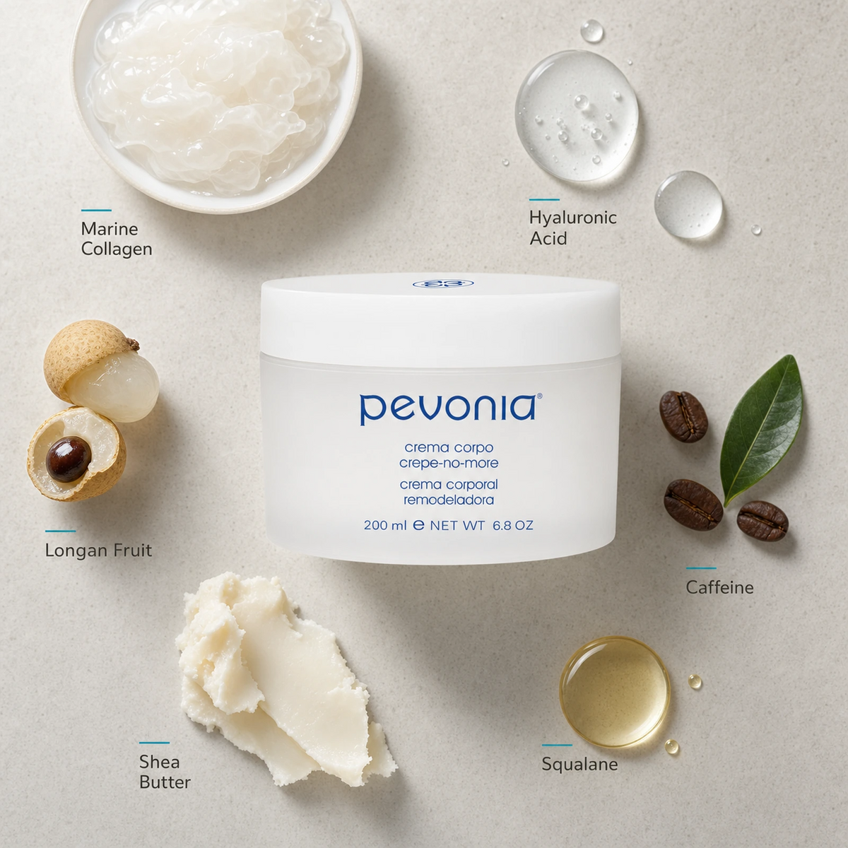 Pevonia Crepe No More Body Cream 200ml ingredient flatlay with Marine Collagen, Hyaluronic Acid, Longan Fruit, Caffeine, Shea Butter and Squalane