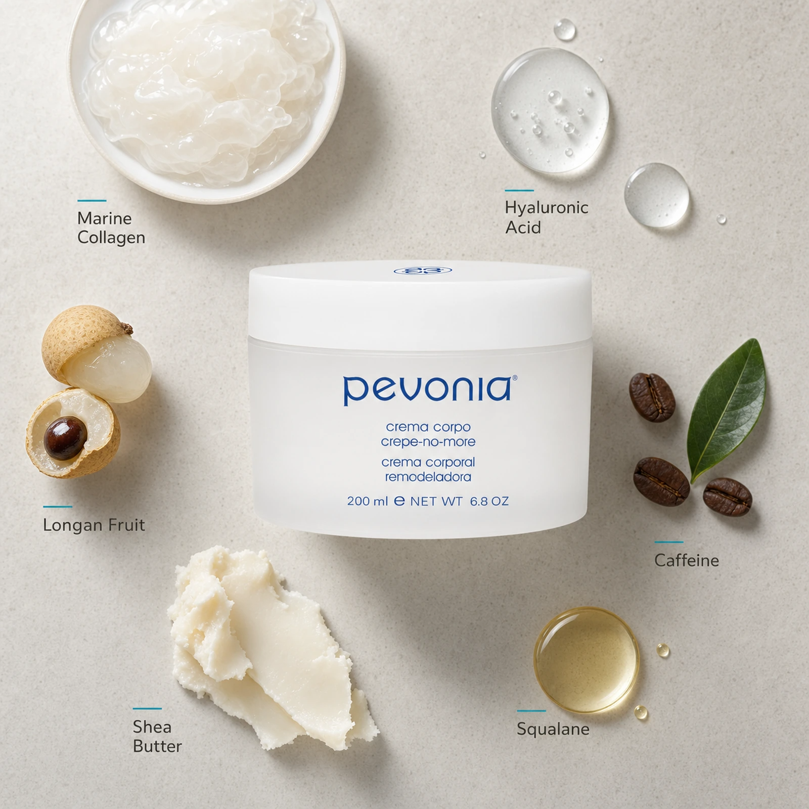 Pevonia Crepe No More Body Cream 200ml ingredient flatlay with Marine Collagen, Hyaluronic Acid, Longan Fruit, Caffeine, Shea Butter and Squalane