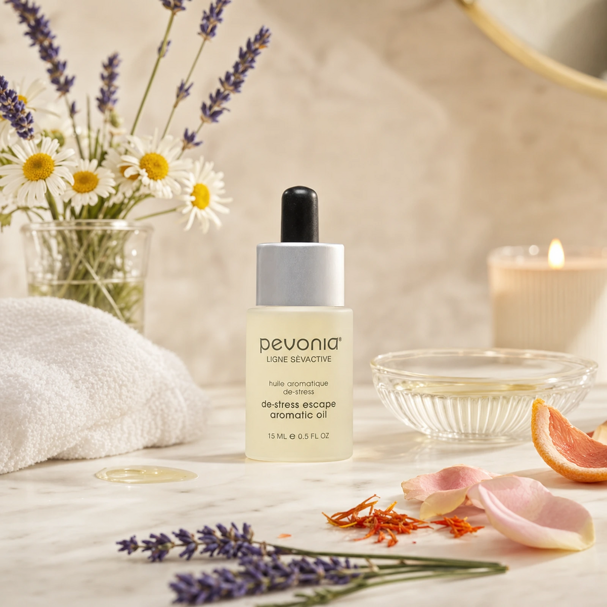 Pevonia De-Stress Escape Aromatic Oil 15ml on a luxury bathroom vanity for dry, tired and sensitive skin