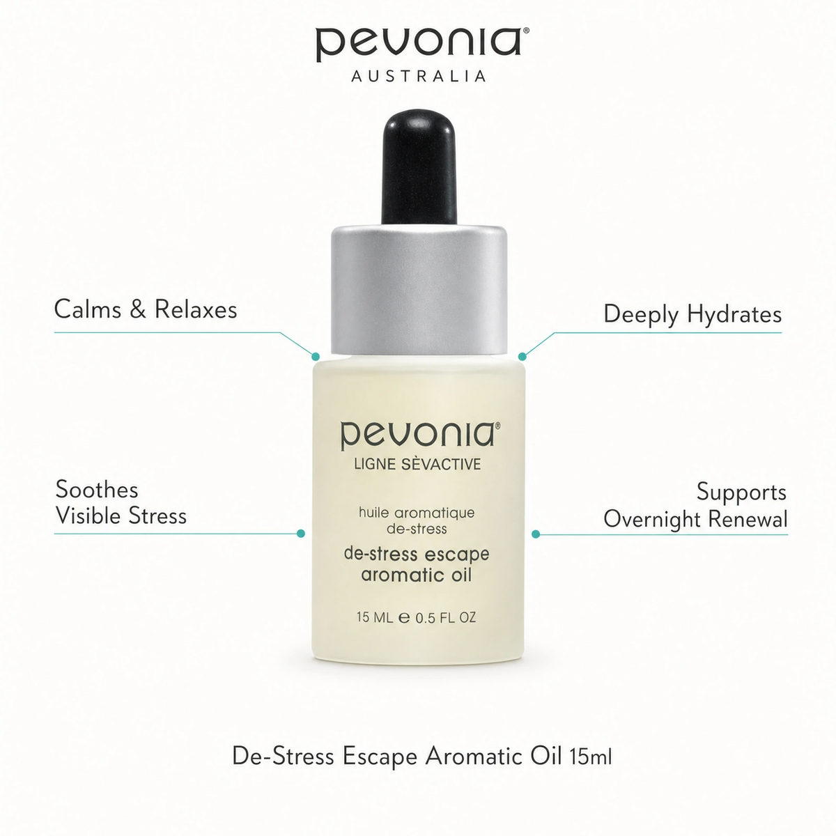Pevonia De-Stress Escape Aromatic Oil 15ml with benefits for relaxation, hydration, visible stress and overnight renewal