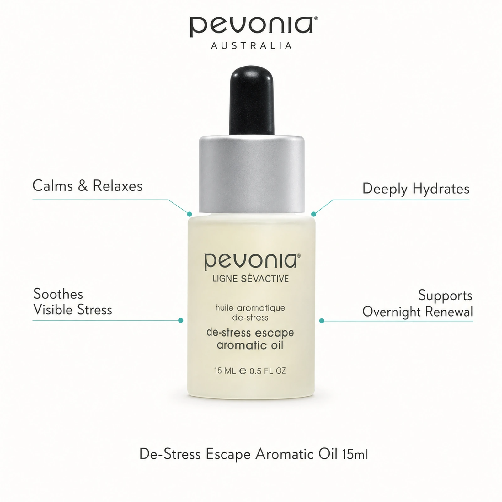 Pevonia De-Stress Escape Aromatic Oil 15ml with benefits for relaxation, hydration, visible stress and overnight renewal