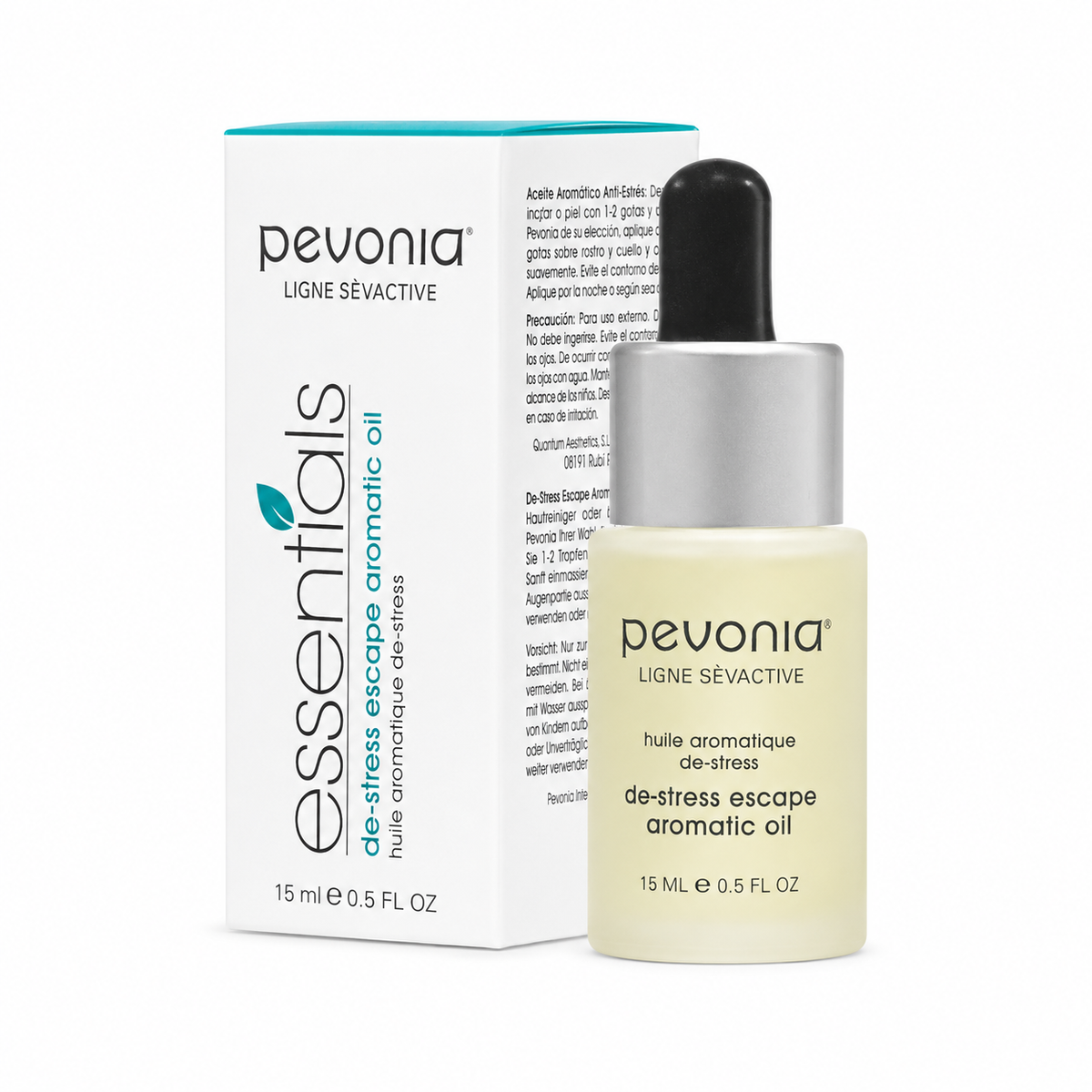 Pevonia De-Stress Escape Aromatic Oil 15ml bottle and box on clean white background.