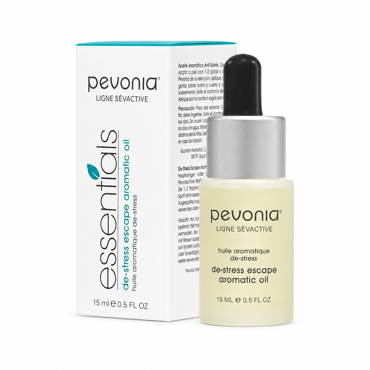 Pevonia De-Stress Escape Aromatic Oil 15ml bottle and box on clean white background.