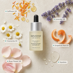 Pevonia De-Stress Escape Aromatic Oil 15ml ingredient flatlay with Safflower Oil, Lavender Oil, Chamomile Oil, Grapefruit Peel Oil, Rose Flower Oil and Squalane