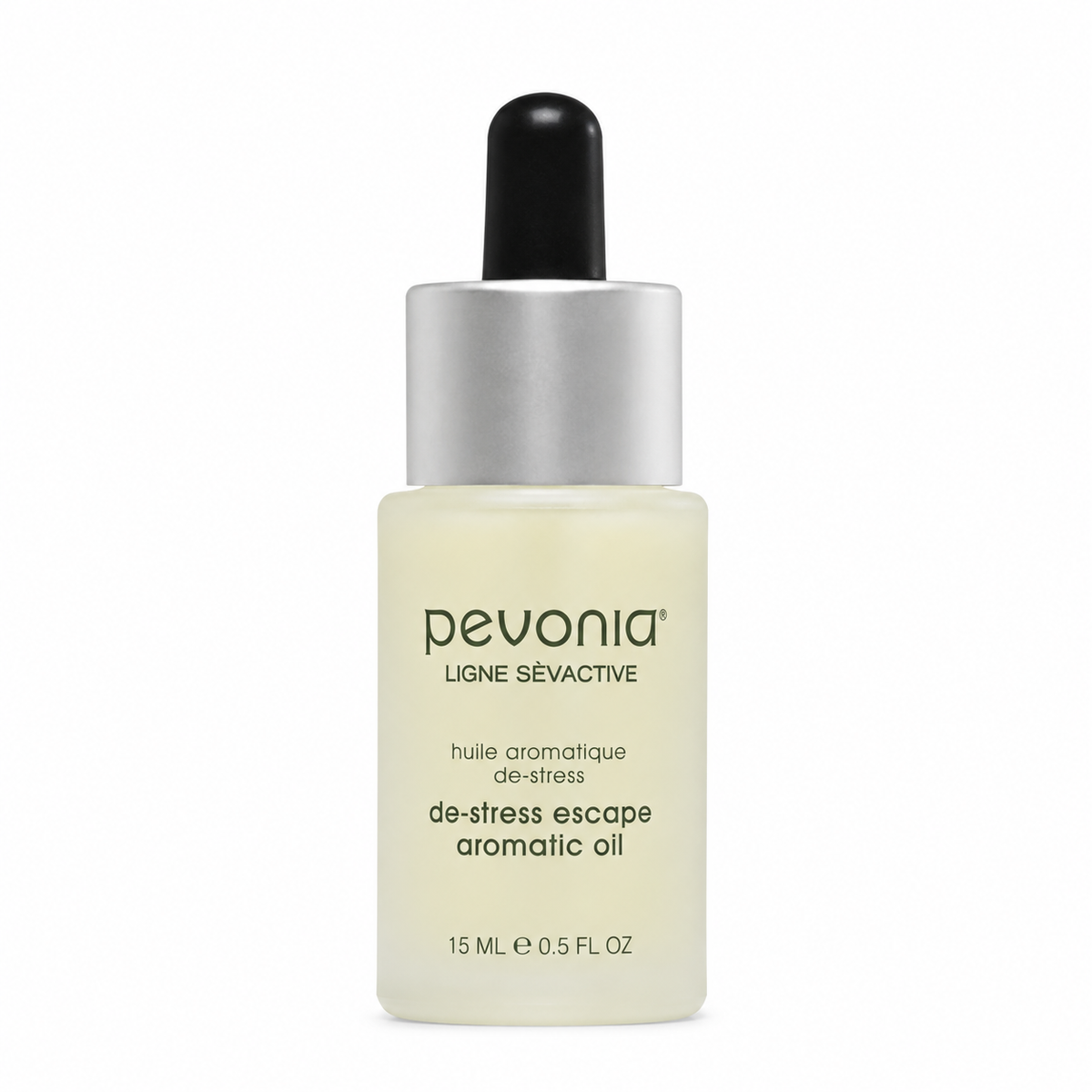 Pevonia De-Stress Escape Aromatic Oil 15ml bottle on clean white background.