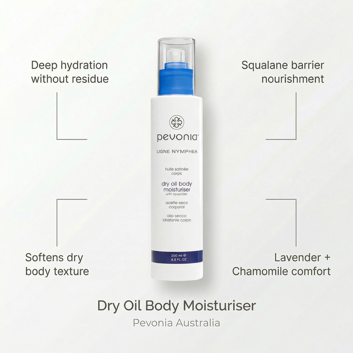 Pevonia dry oil body moisturizer bottle with text highlighting benefits on a white background