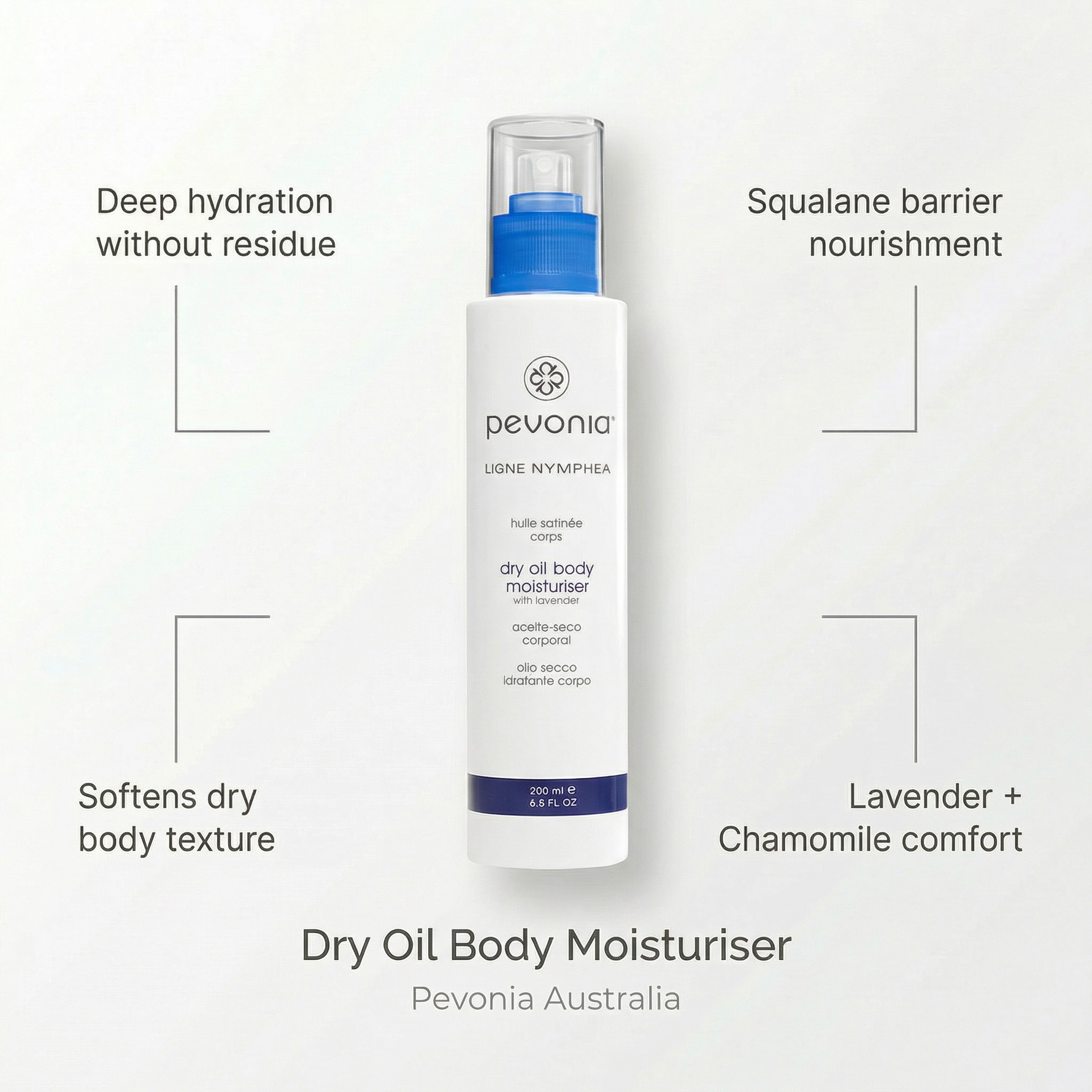 Pevonia dry oil body moisturizer bottle with text highlighting benefits on a white background