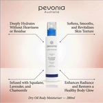 Pevonia Australia dry oil body moisturizer with product features on a gradient background