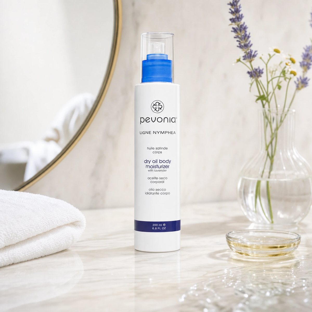 Pevonia Dry Oil Body Moisturiser 200ml on a luxury bathroom vanity for dry, dull and dehydrated skin
