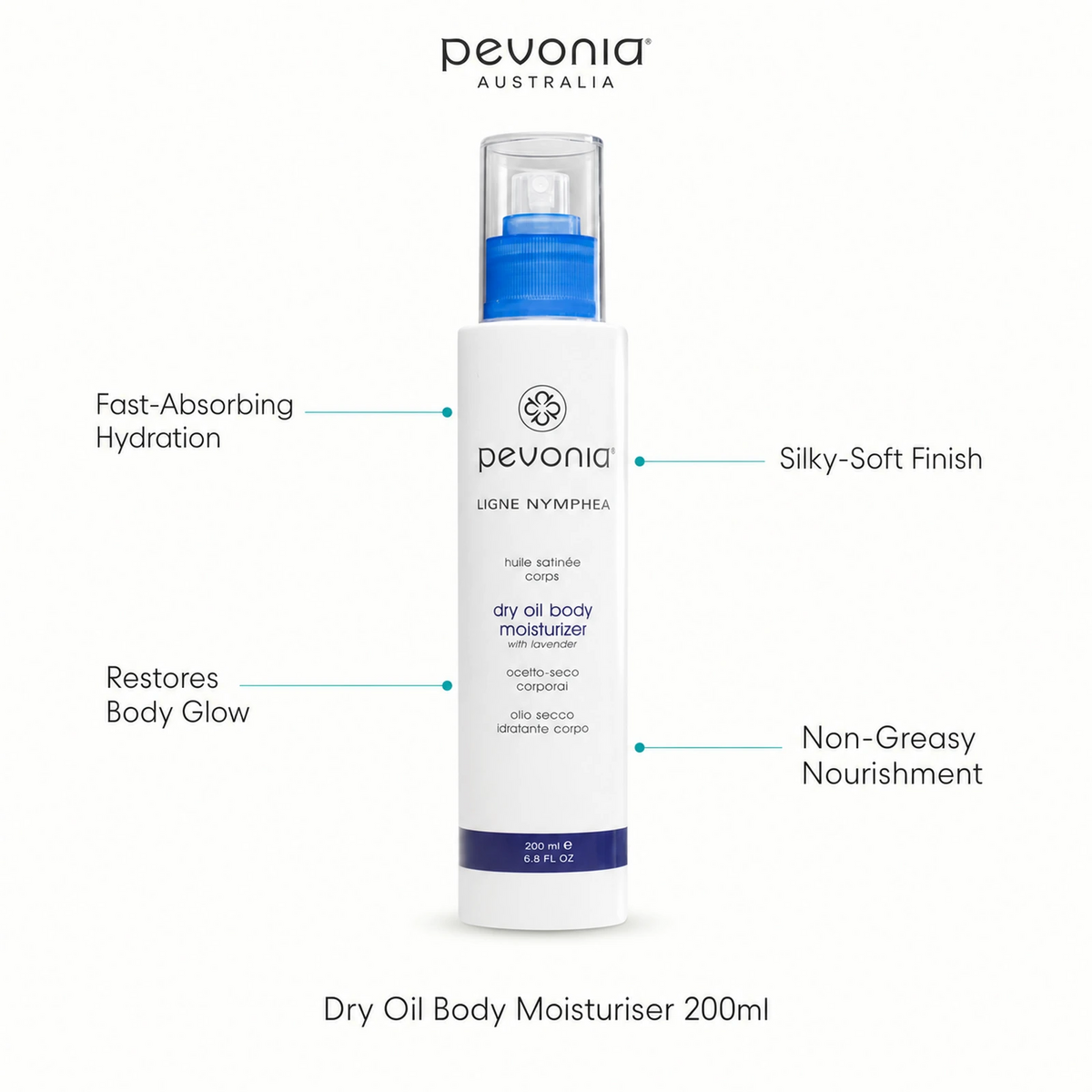 Pevonia Dry Oil Body Moisturiser 200ml with benefits for fast-absorbing hydration, silky-soft skin, body glow and non-greasy nourishment